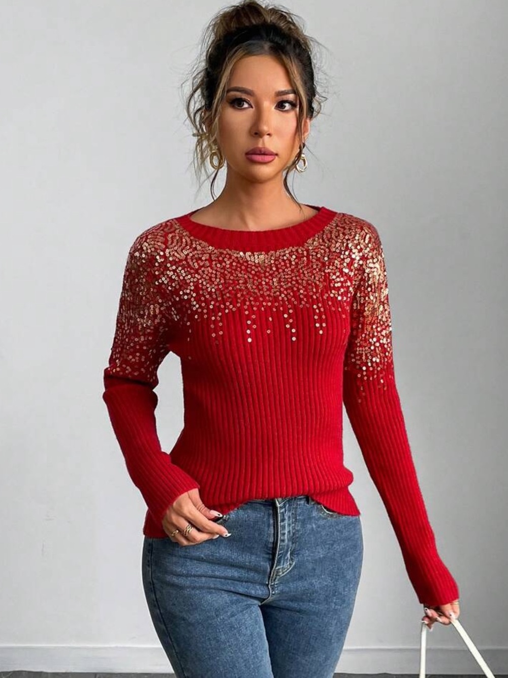 Women's Sequin Decor Crew Neck Christmas Sweater For New Year Clothes